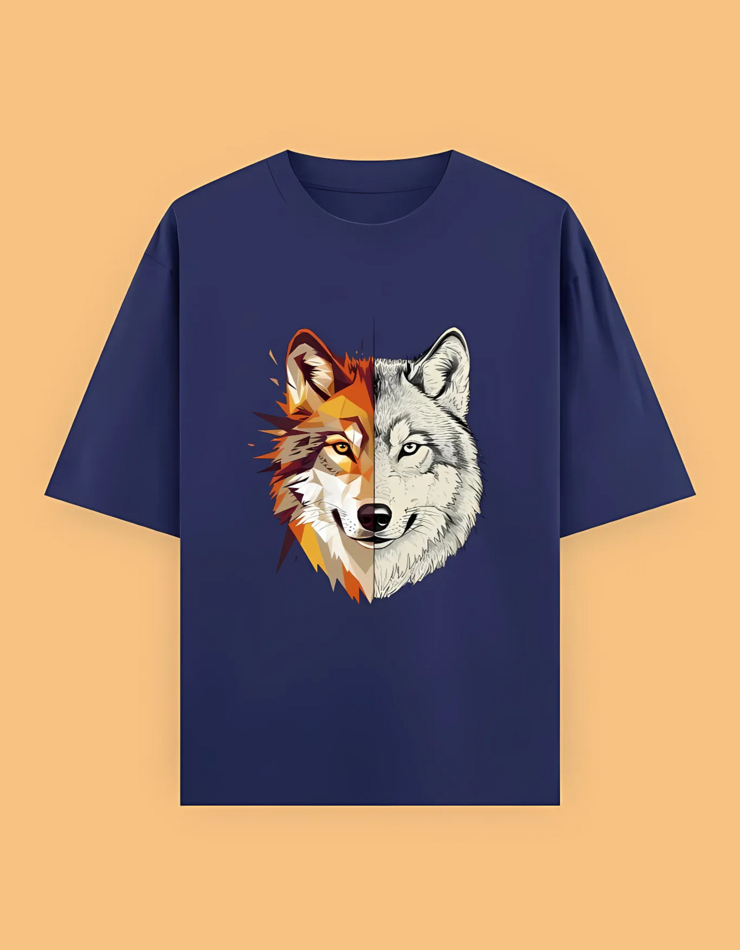 Unisex Oversized T-Shirt with Split Wolf Graphic | 240 GSM 100% Cotton | Artistic Wild Aesthetic Tee