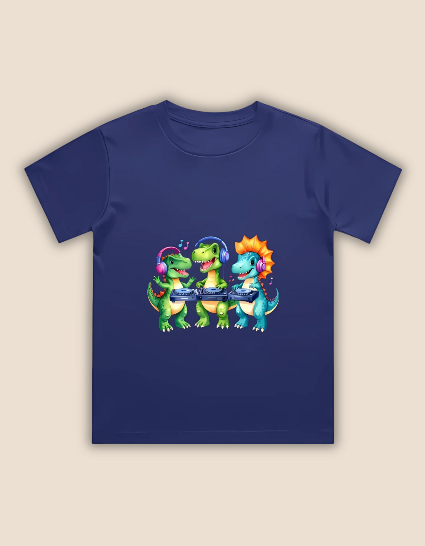 Boys’ Crew Neck T-Shirt – Cute DJ Dinosaurs Print | 180 GSM 100% Cotton, Bio-Washed, Regular Fit