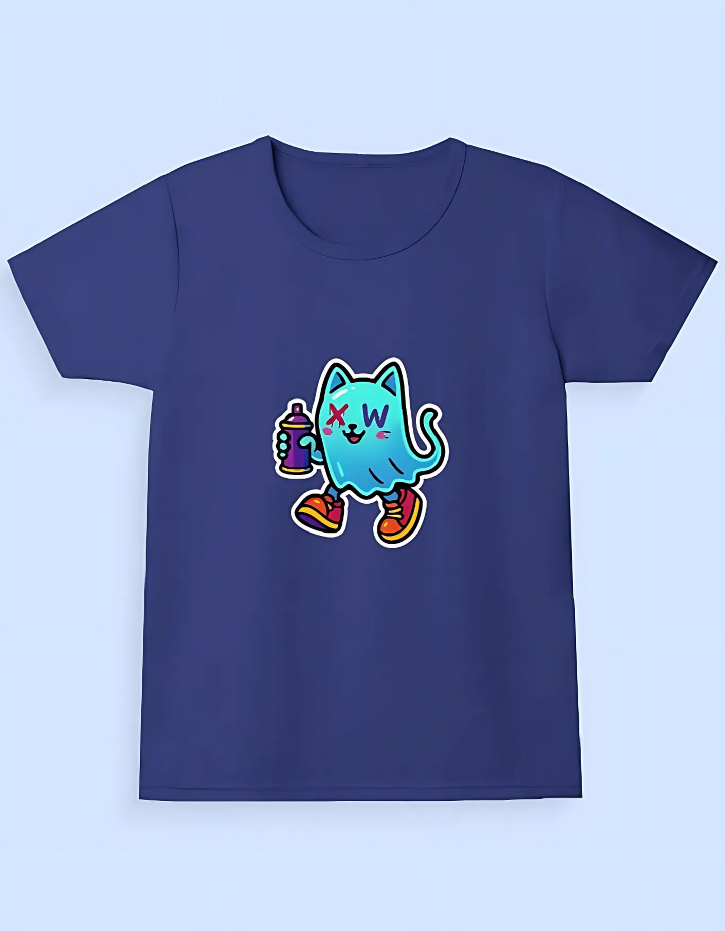 Girls' Classic Cotton T-Shirt – Ghost Cat Graffiti Print | 180 GSM | 100% Super Combed Cotton | Street Style for Kids