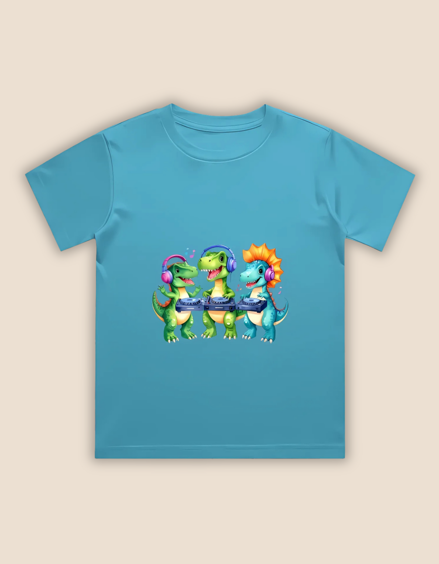 Boys’ Crew Neck T-Shirt – Cute DJ Dinosaurs Print | 180 GSM 100% Cotton, Bio-Washed, Regular Fit