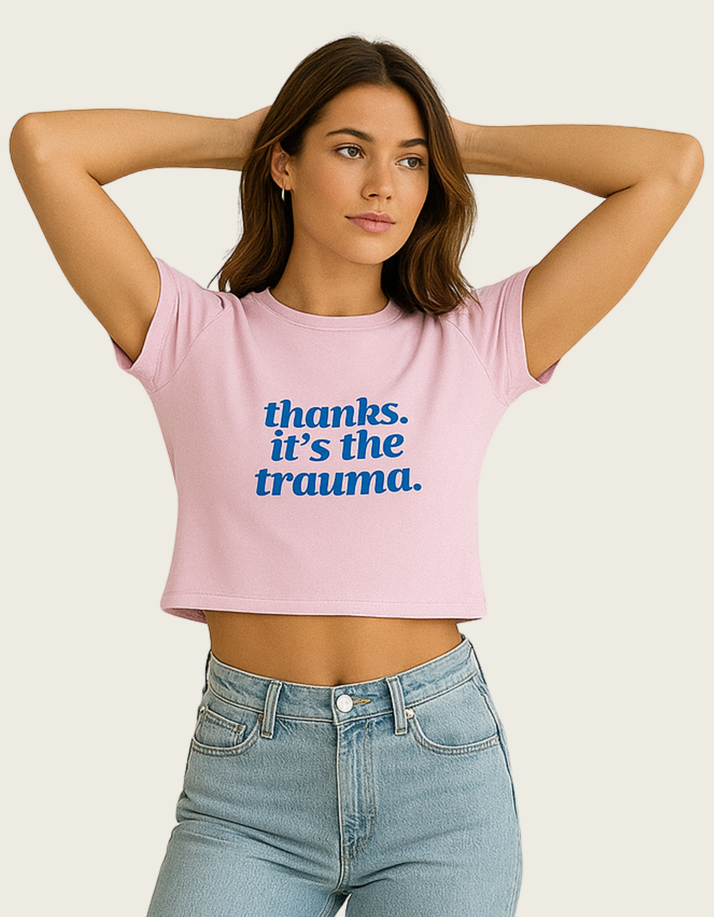 Women’s Baby Tee – “Thanks It’s The Trauma” Printed | Gen Z Trend | 240 GSM Stretchable Cotton