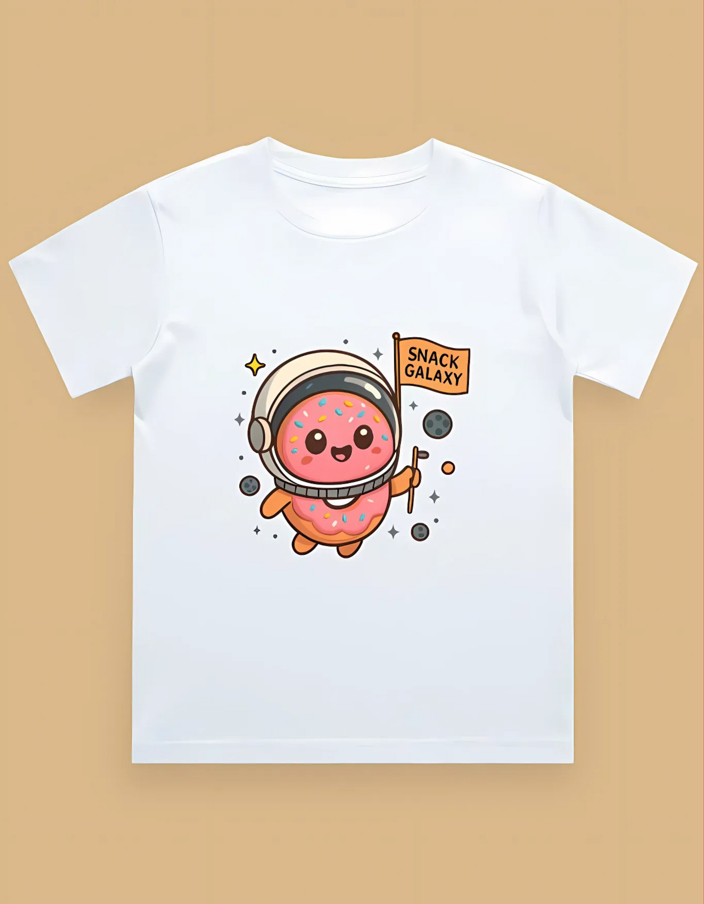 Boys' Crew Neck T-Shirt – “Snack Galaxy” Donut Astronaut Print | 100% Cotton | 180 GSM | Bio-Washed | Regular Fit Tee