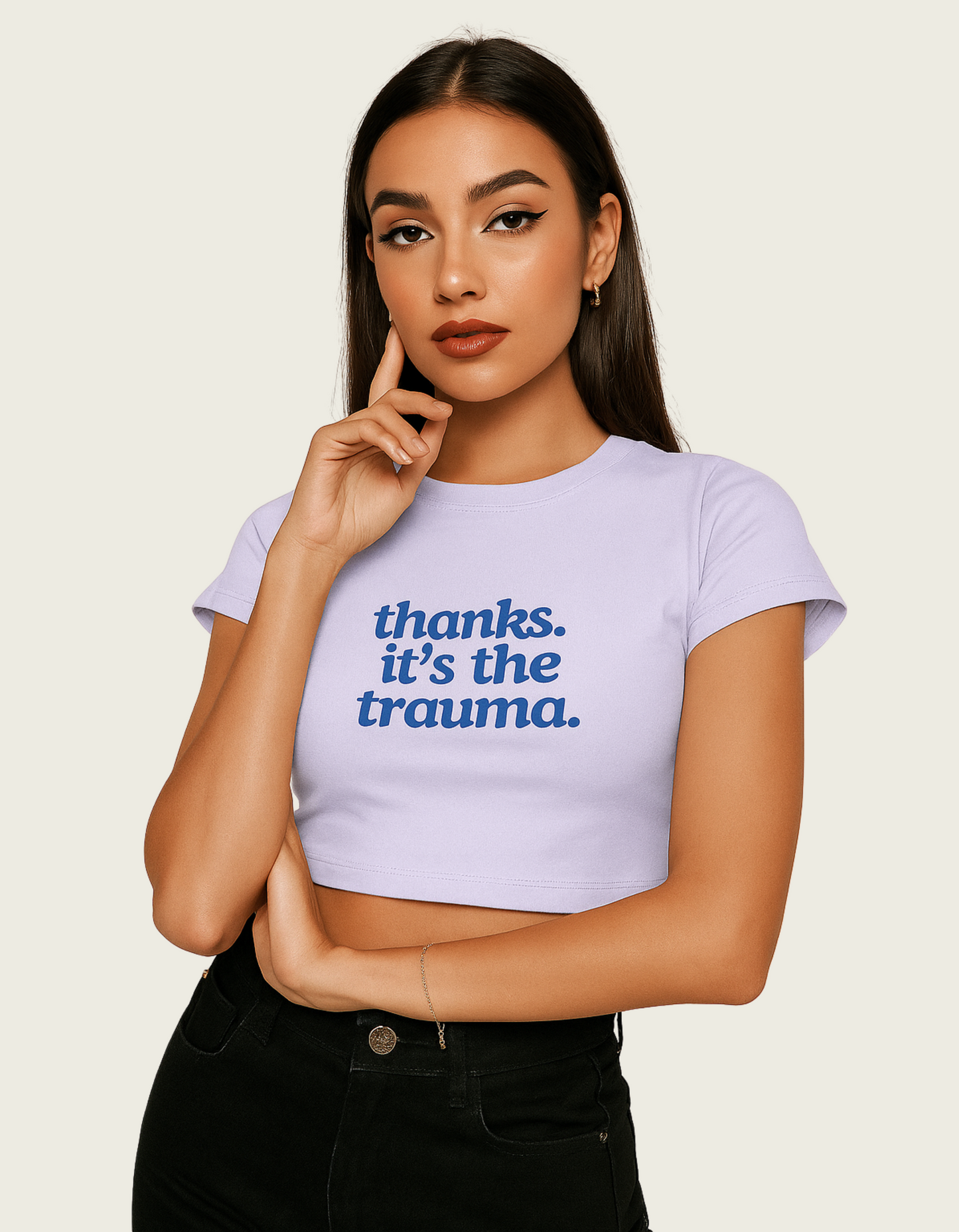 Women’s Baby Tee – “Thanks It’s The Trauma” Printed | Gen Z Trend | 240 GSM Stretchable Cotton