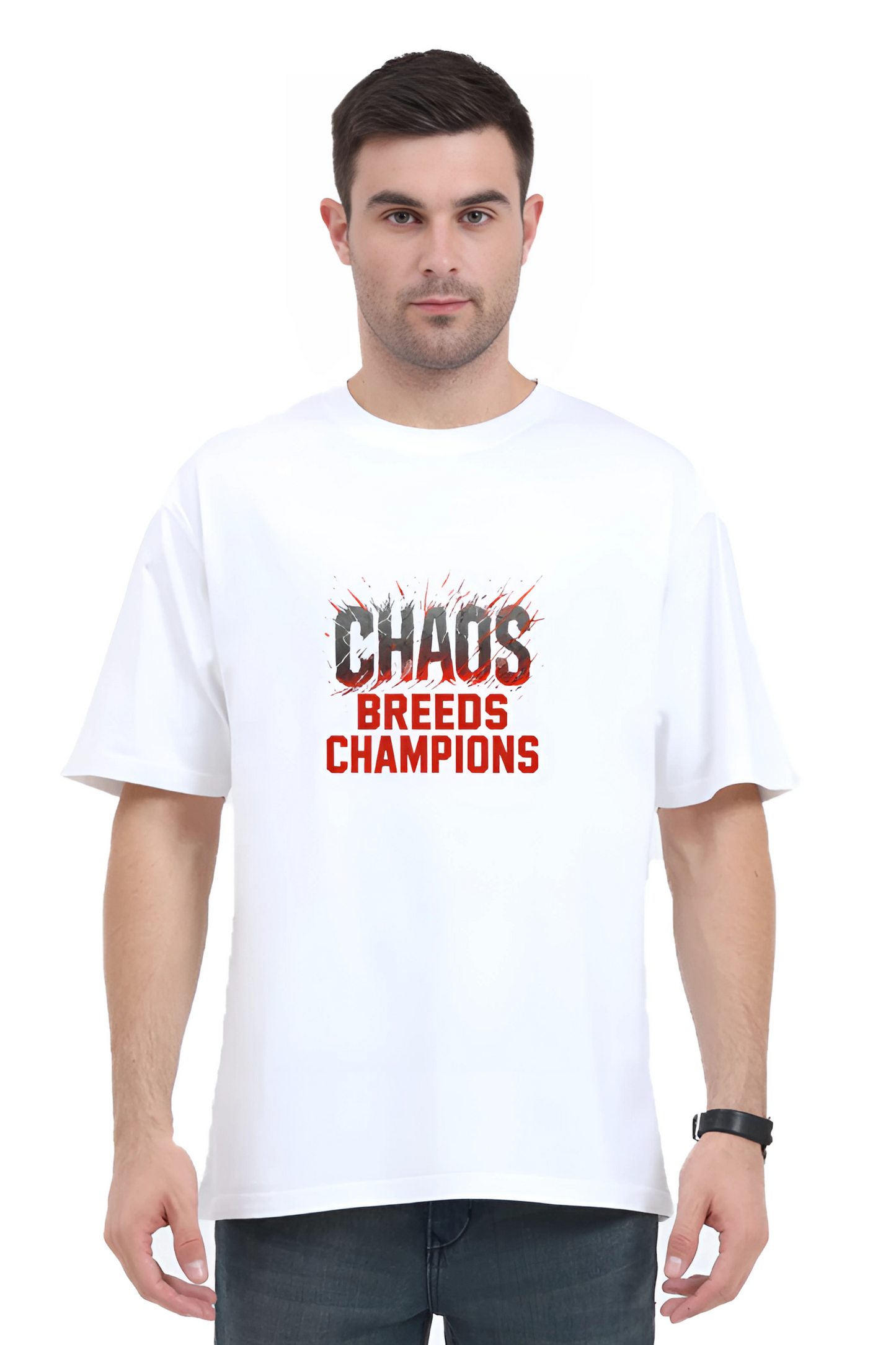 Men’s Oversized Cotton T-Shirt | “Chaos Breeds Champions” Motivational Print | 180 GSM | Gym Streetwear | Unisex Regular Fit