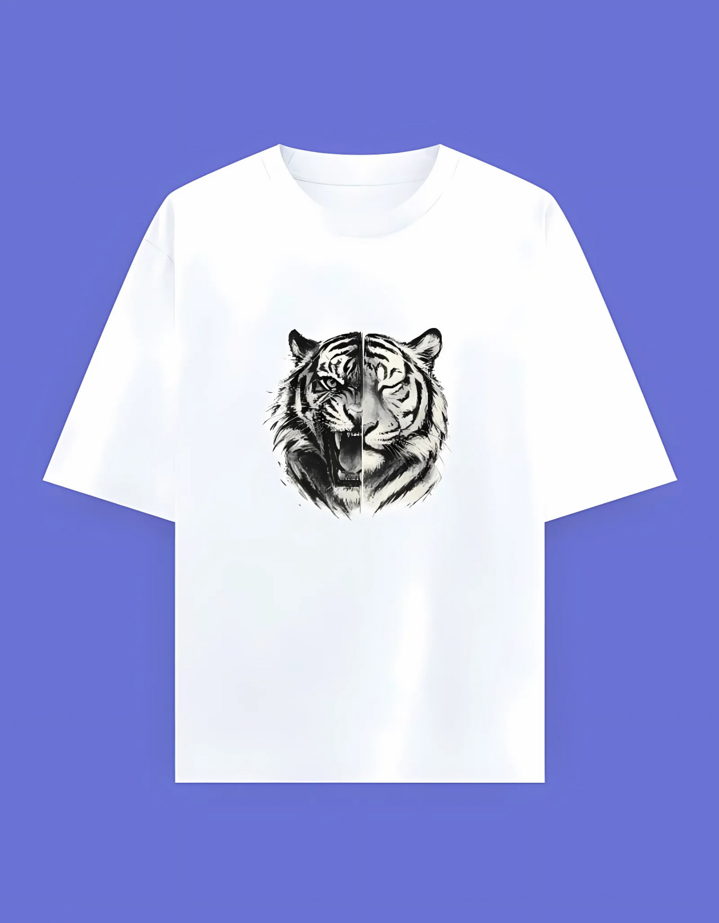 Unisex Oversized T-Shirt | 240 GSM 100% Cotton | Split Tiger Face Graphic | Bio-Washed & Pre-Shrunk