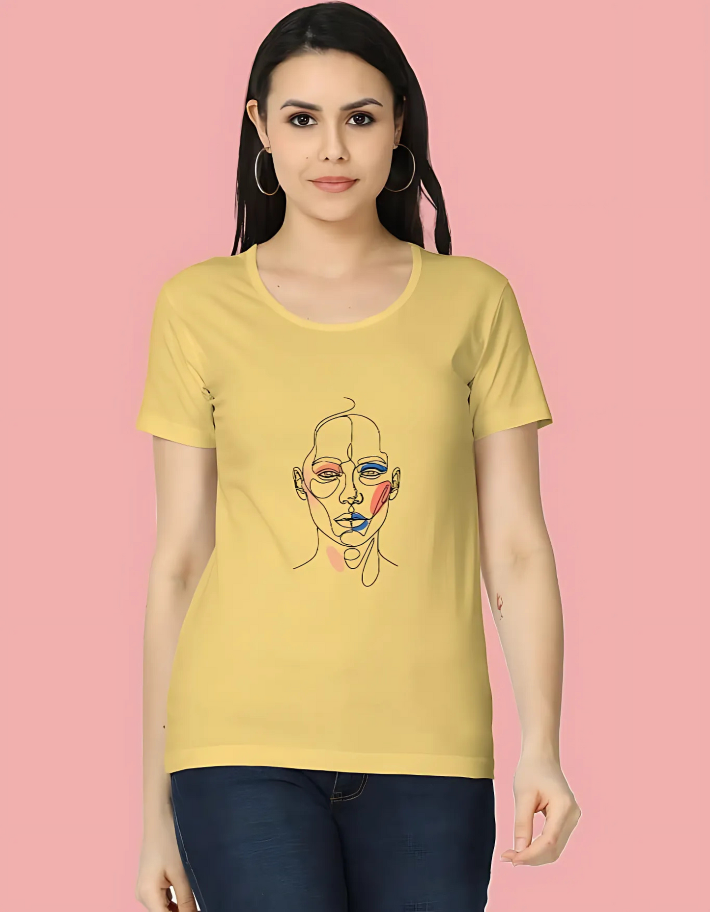 Women’s Classic T-Shirt with Abstract Face Art Print | 180 GSM Super Combed Cotton | Minimal Line Aesthetic Tee