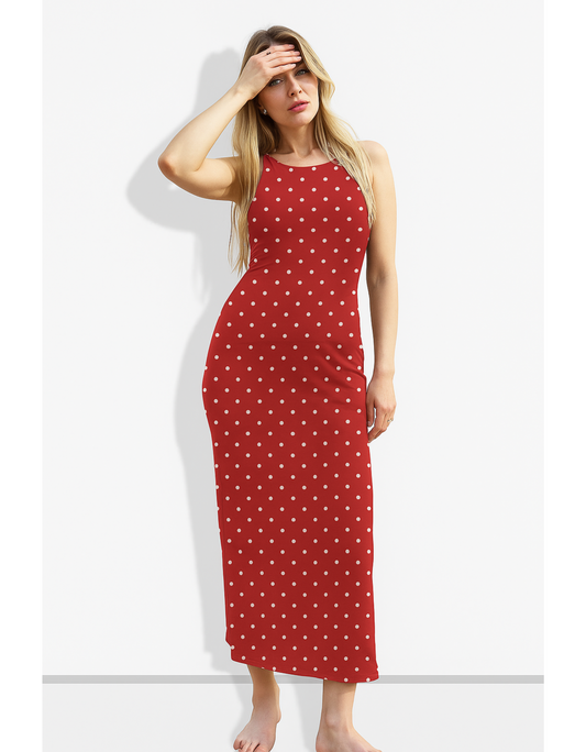 Women's Red Polka Dot All Over Print Bodycon Dress – 220 GSM Poly Spandex, Side Slit, Skin Fit