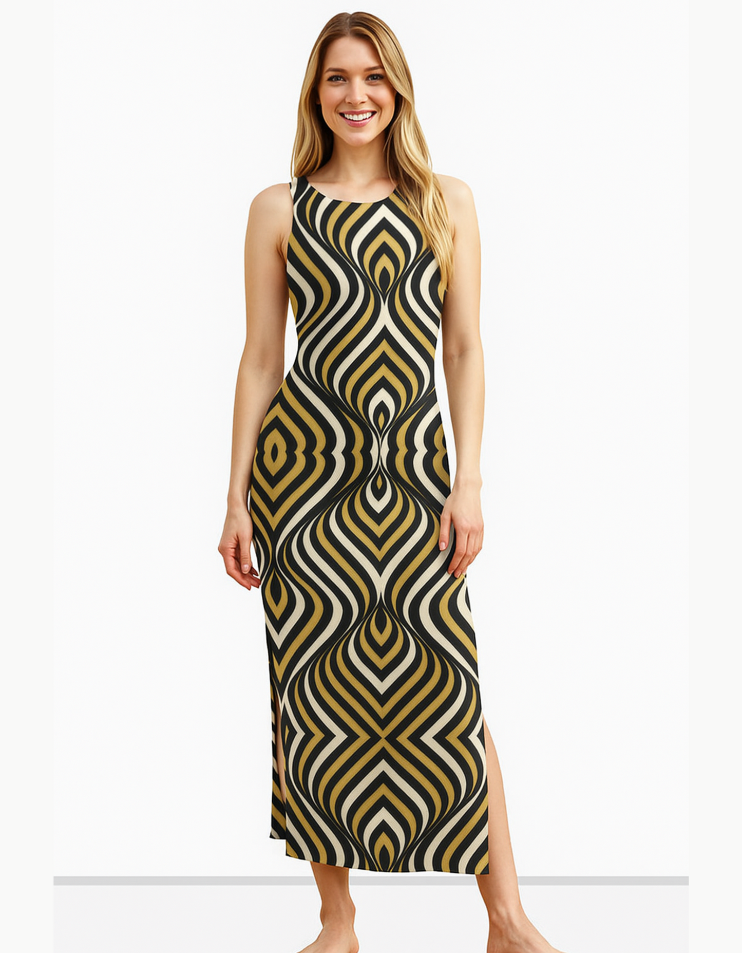 Geometric Pattern AOP Bodycon Dress – 220 GSM Poly Spandex, Side Slit, Skin Fit, Breathable & Stretchable