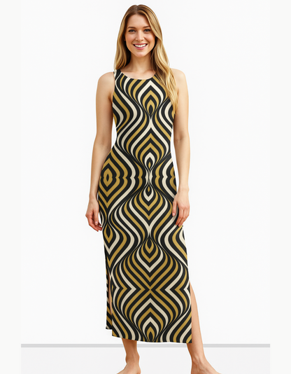 Geometric Pattern AOP Bodycon Dress – 220 GSM Poly Spandex, Side Slit, Skin Fit, Breathable & Stretchable