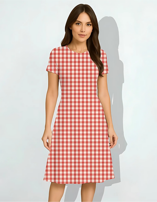 Women’s Red & White Gingham All-Over Print A-Line Dress – 220 GSM Poly Spandex, Fit & Flare