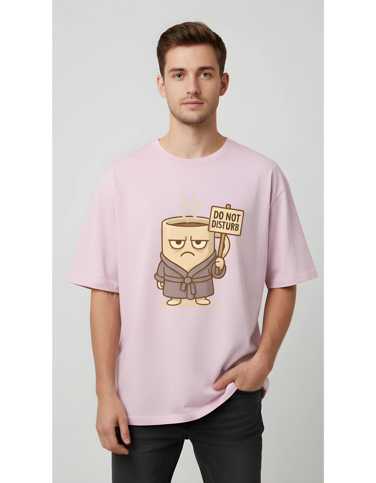 Unisex Oversized Classic T-Shirt – Grumpy Coffee Mug "Do Not Disturb" Print | 240 GSM 100% Cotton | Lazy Mood Graphic Tee