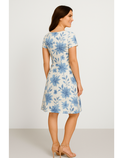 Women’s A-Line Dress – Blue Floral All Over Print | Poly Spandex | Fit & Flare | 220 GSM