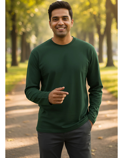 Men's Full Sleeve Bottle Green T-Shirt | 100% Super Combed Cotton | Pre-Shrunk & Bio Washed