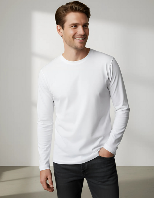 Classic White Long Sleeve T-Shirt for Men - 180 GSM Super Combed Cotton Tee