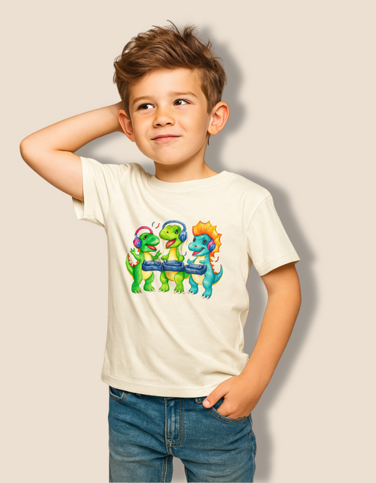 Boys’ Crew Neck T-Shirt – Cute DJ Dinosaurs Print | 180 GSM 100% Cotton, Bio-Washed, Regular Fit