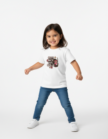 Girl’s Crew Neck Cotton T-Shirt – “90% Nice 10% Ninja” Graphic Tee | 180 GSM | Super Combed & Bio Washed
