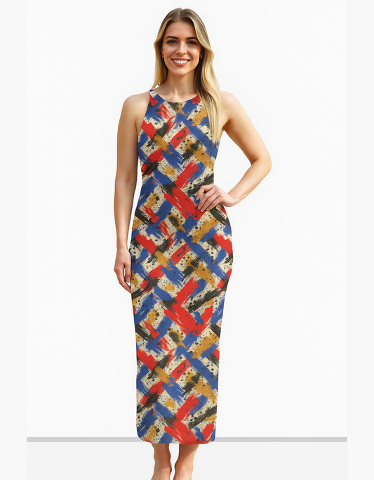 Women’s Abstract Brushstroke AOP Bodycon Dress – 220 GSM Poly Spandex, Side Slit, Skin Fit, Stretchable & Fade-Proof
