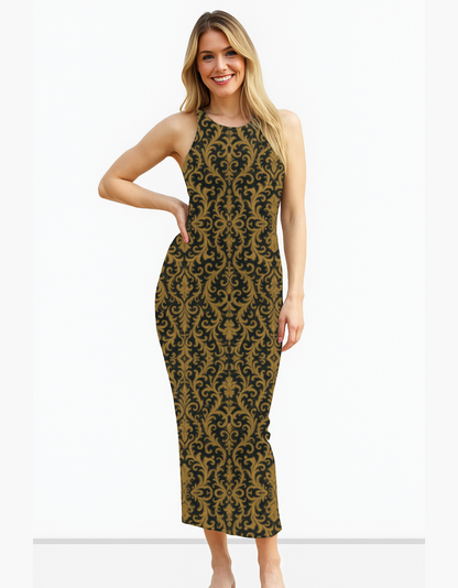 Elegant Black & Gold AOP Bodycon Dress – 220 GSM Poly Spandex, Side Slit, Skin Fit, Breathable & Stretchable