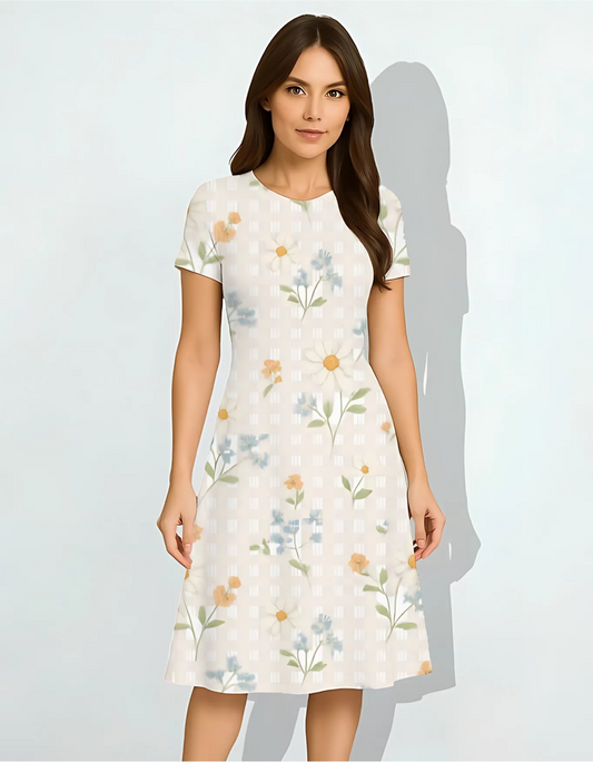 Women’s Floral All-Over Print A-Line Dress – 220 GSM Poly Spandex, Fit & Flare, Breathable & Wrinkle-Free