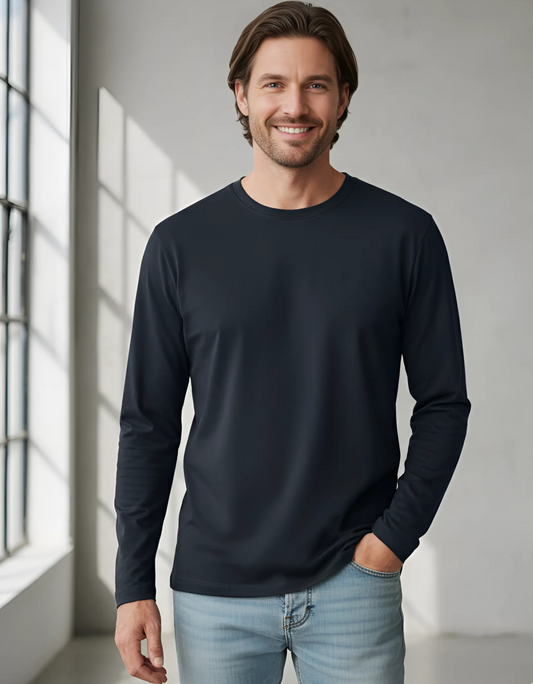 Men’s Long Sleeve Plain Navy T-Shirt | 100% Cotton | Regular Fit