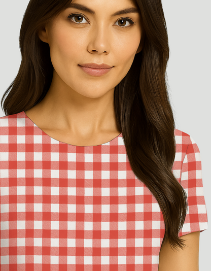 Women’s Red & White Gingham All-Over Print A-Line Dress – 220 GSM Poly Spandex, Fit & Flare