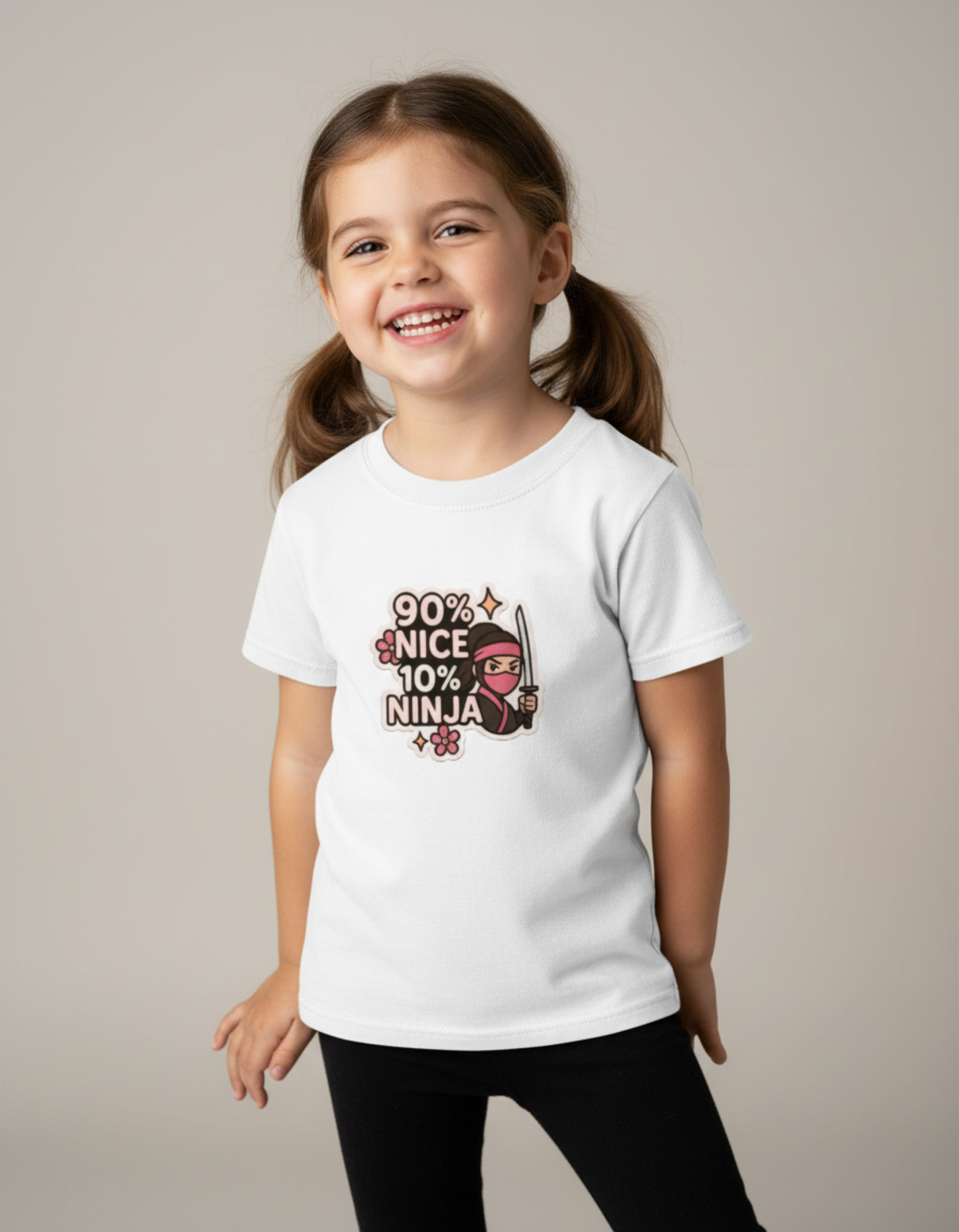 Girl’s Crew Neck Cotton T-Shirt – “90% Nice 10% Ninja” Graphic Tee | 180 GSM | Super Combed & Bio Washed