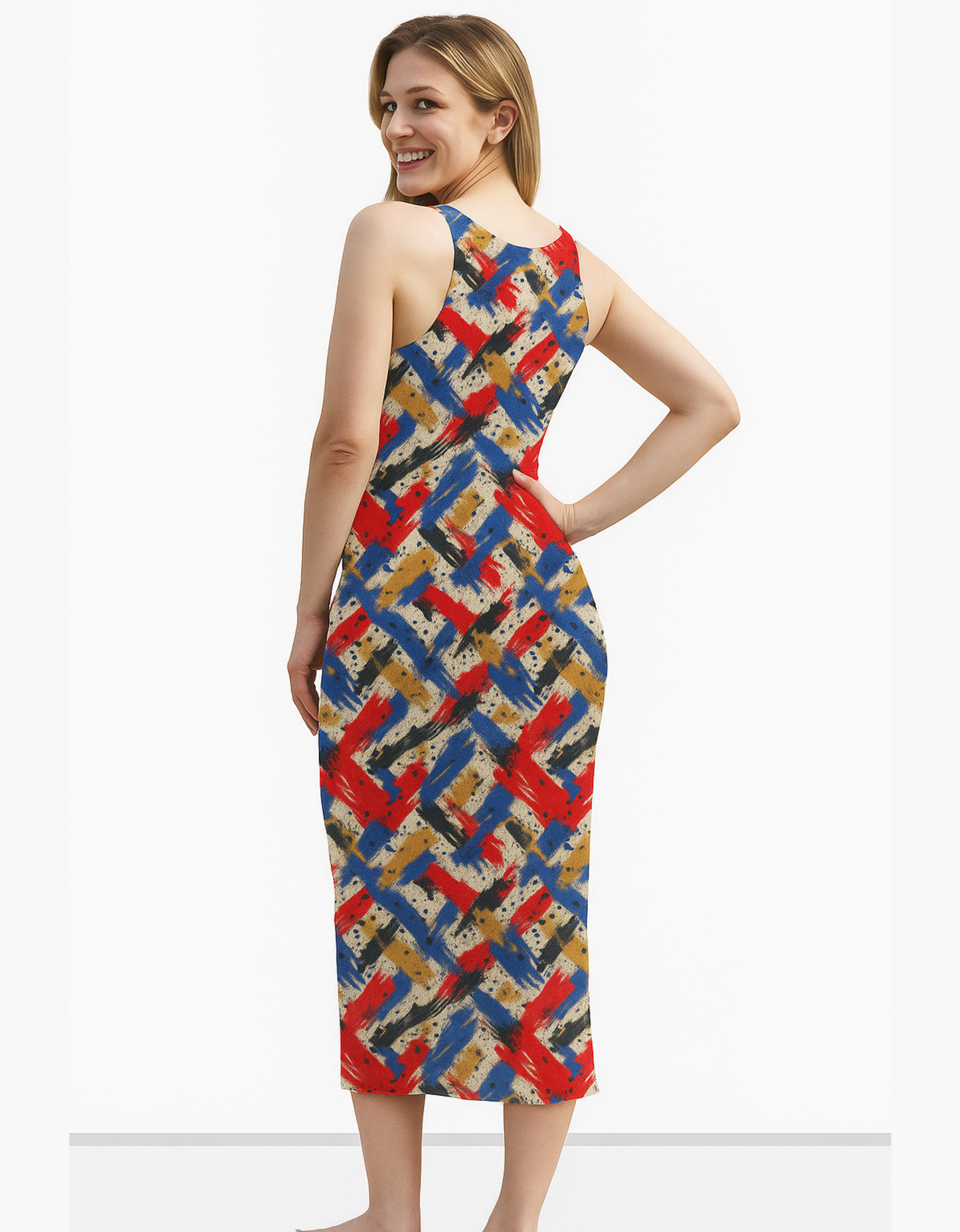 Women’s Abstract Brushstroke AOP Bodycon Dress – 220 GSM Poly Spandex, Side Slit, Skin Fit, Stretchable & Fade-Proof