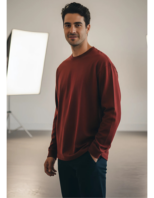 Men's Full Sleeve Red T-Shirt | 100% Super Combed Cotton | Bio Washed & Pre-Shrunk