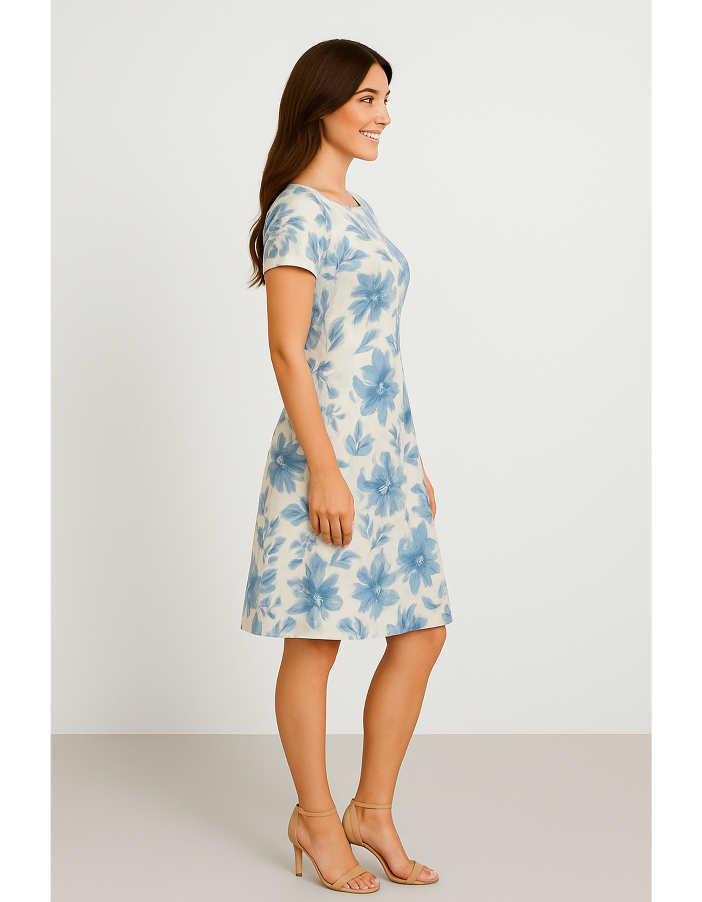 Women’s A-Line Dress – Blue Floral All Over Print | Poly Spandex | Fit & Flare | 220 GSM