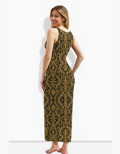 Elegant Black & Gold AOP Bodycon Dress – 220 GSM Poly Spandex, Side Slit, Skin Fit, Breathable & Stretchable