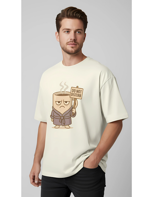 Unisex Oversized Classic T-Shirt – Grumpy Coffee Mug "Do Not Disturb" Print | 240 GSM 100% Cotton | Lazy Mood Graphic Tee