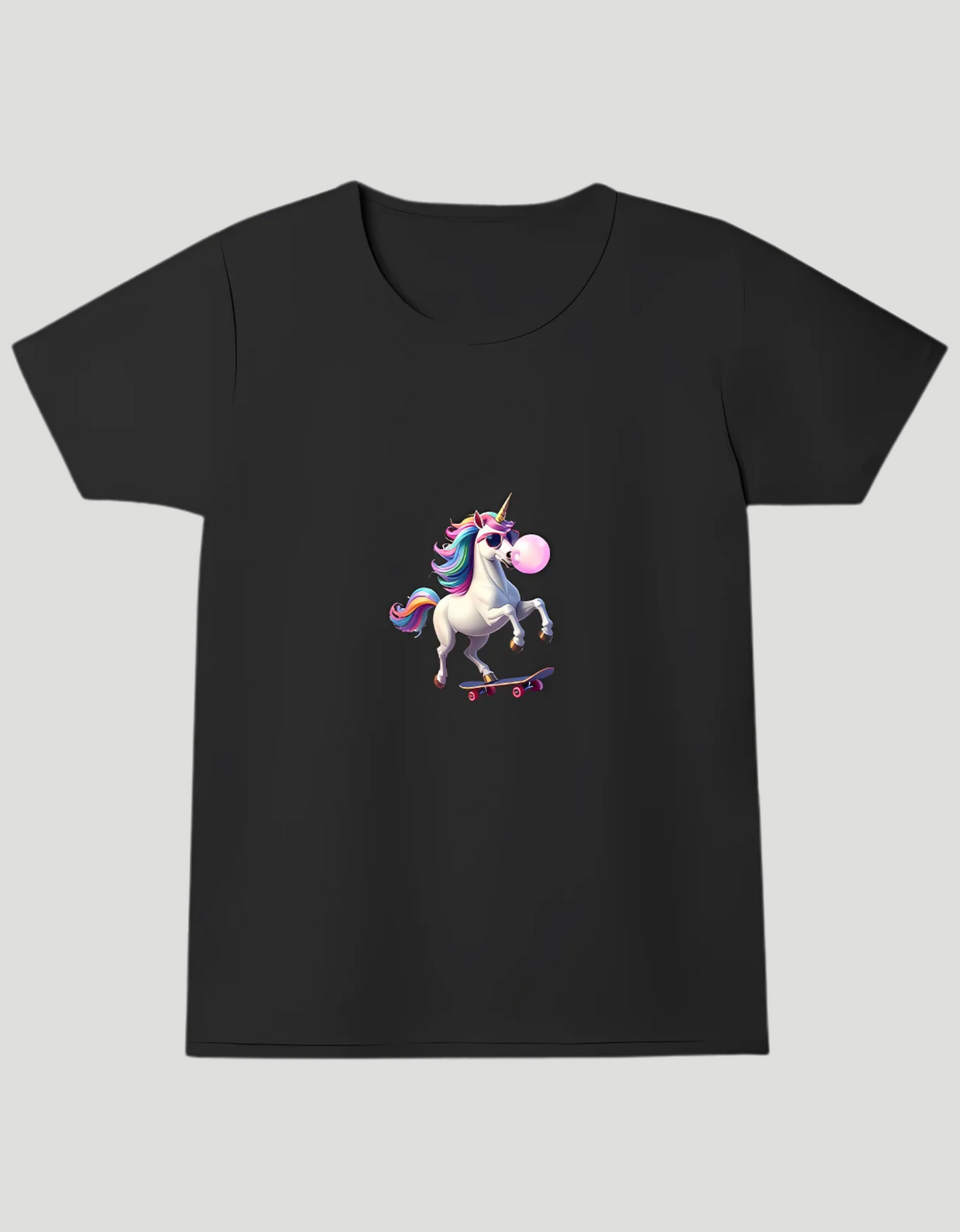 Girls’ Crew Neck T-Shirt – “Skateboarding Unicorn with Bubblegum” Print | 180 GSM | 100% Cotton | Bio-Washed | Super Combed | Pre-Shrunk