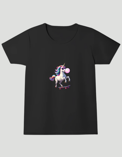 Girls’ Crew Neck T-Shirt – “Skateboarding Unicorn with Bubblegum” Print | 180 GSM | 100% Cotton | Bio-Washed | Super Combed | Pre-Shrunk