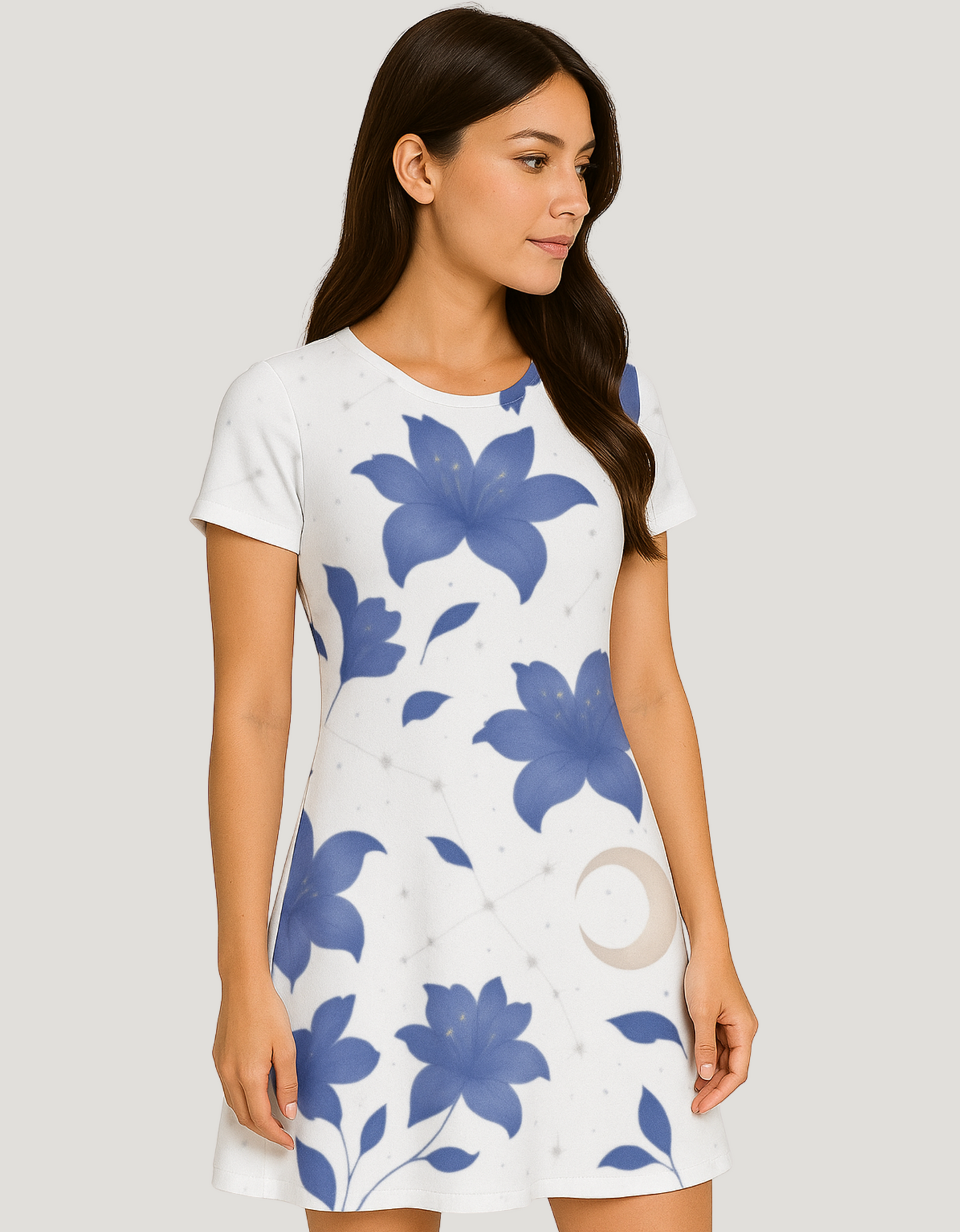Women's Floral Moon Print A-Line Dress – 220 GSM Poly Spandex, Fit & Flare, Fade-Resistant, Wrinkle-Free