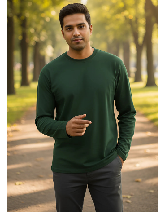 Men's Full Sleeve Bottle Green T-Shirt | 100% Super Combed Cotton | Pre-Shrunk & Bio Washed