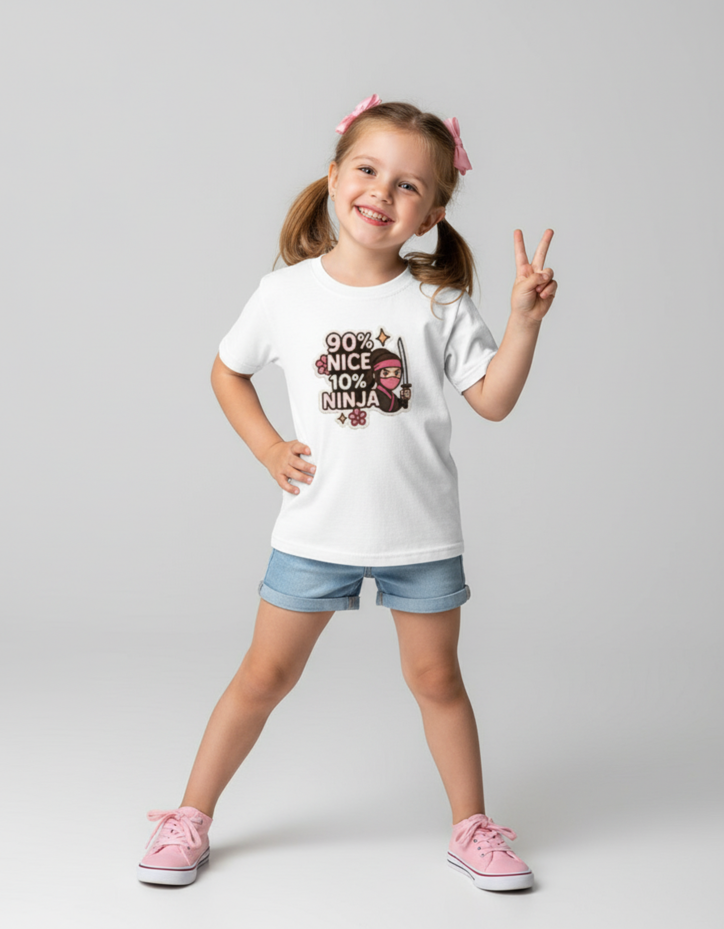Girl’s Crew Neck Cotton T-Shirt – “90% Nice 10% Ninja” Graphic Tee | 180 GSM | Super Combed & Bio Washed