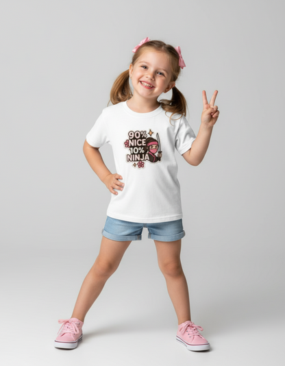 Girl’s Crew Neck Cotton T-Shirt – “90% Nice 10% Ninja” Graphic Tee | 180 GSM | Super Combed & Bio Washed