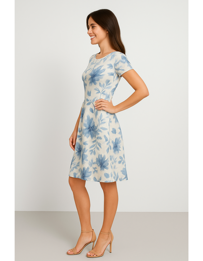 Women’s A-Line Dress – Blue Floral All Over Print | Poly Spandex | Fit & Flare | 220 GSM