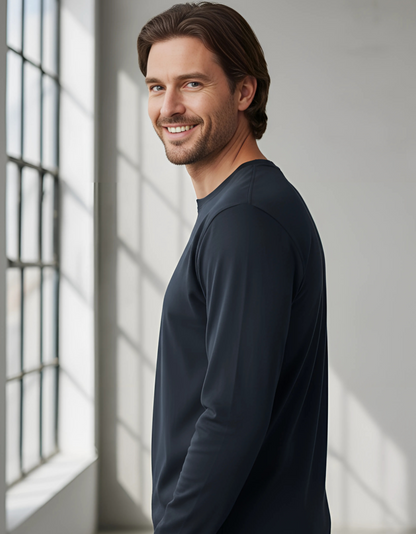 Men’s Long Sleeve Plain Navy T-Shirt | 100% Cotton | Regular Fit