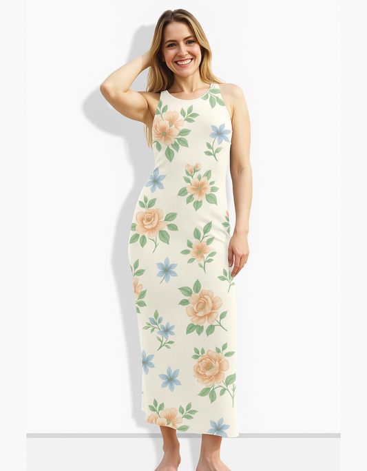 Women's All Over Print Floral Bodycon Dress – 220 GSM Poly Spandex, Side Slit, Skin Fit, Stretchable & Fade-Proof