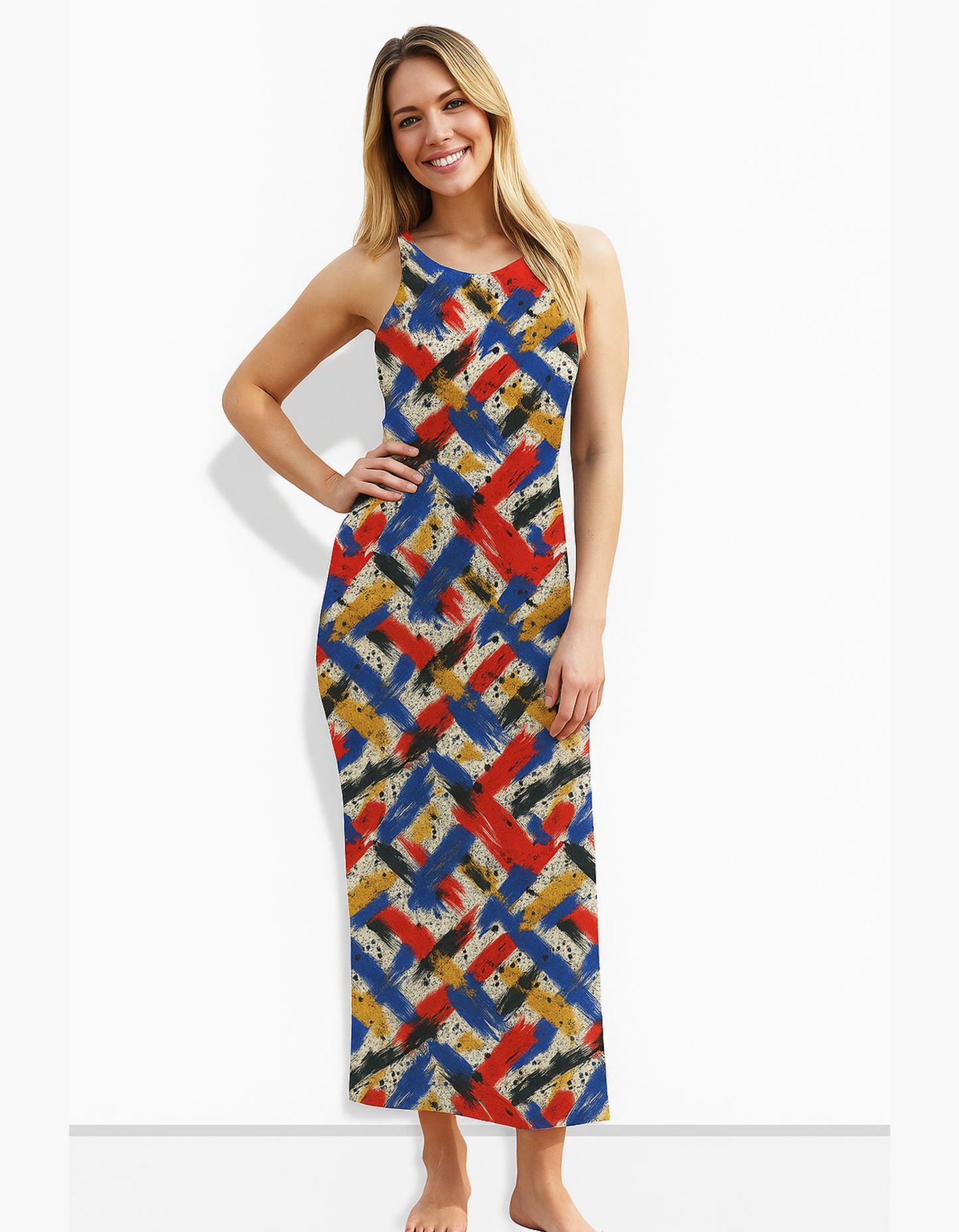 Women’s Abstract Brushstroke AOP Bodycon Dress – 220 GSM Poly Spandex, Side Slit, Skin Fit, Stretchable & Fade-Proof