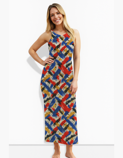 Women’s Abstract Brushstroke AOP Bodycon Dress – 220 GSM Poly Spandex, Side Slit, Skin Fit, Stretchable & Fade-Proof