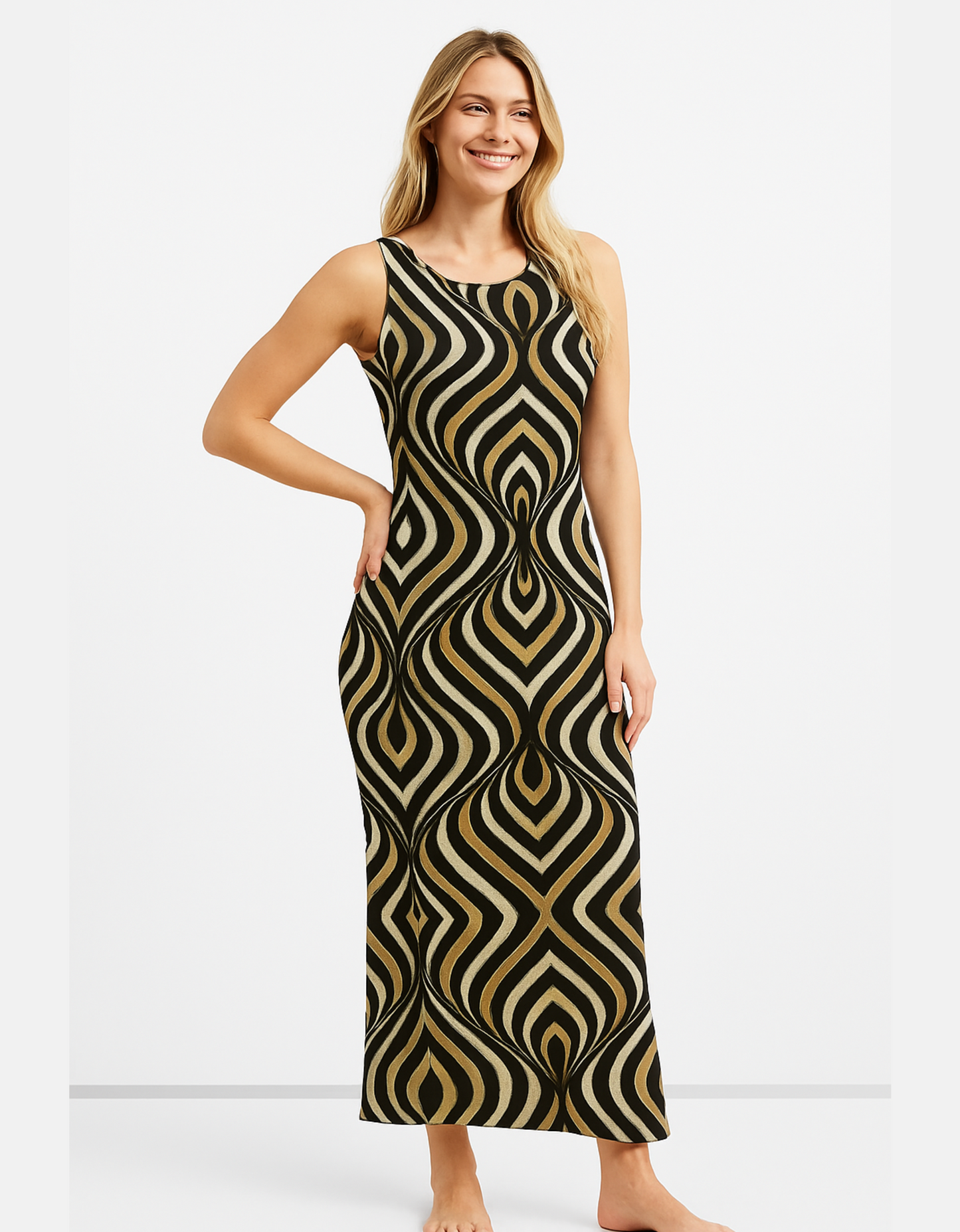 Geometric Pattern AOP Bodycon Dress – 220 GSM Poly Spandex, Side Slit, Skin Fit, Breathable & Stretchable