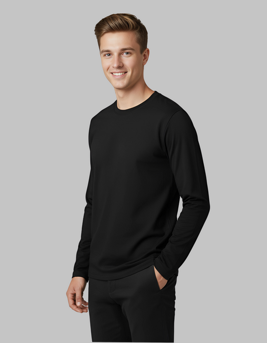 Men's Long Sleeve Plain Black T-Shirt | 100% Cotton | Regular Fit Casual Wear