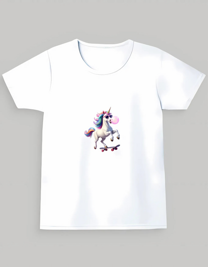 Girls’ Crew Neck T-Shirt – “Skateboarding Unicorn with Bubblegum” Print | 180 GSM | 100% Cotton | Bio-Washed | Super Combed | Pre-Shrunk