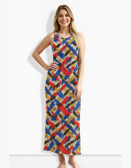 Women’s Abstract Brushstroke AOP Bodycon Dress – 220 GSM Poly Spandex, Side Slit, Skin Fit, Stretchable & Fade-Proof