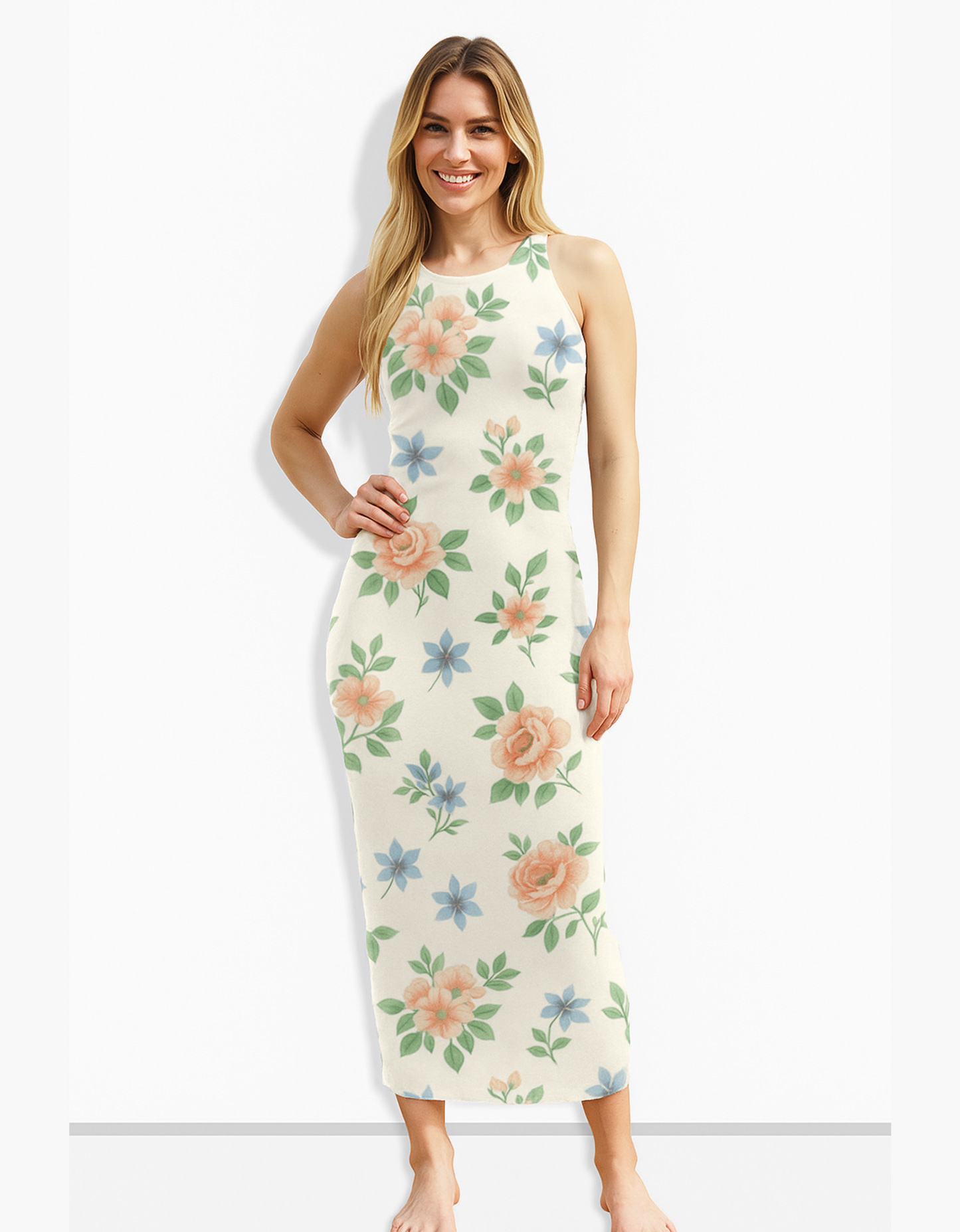 Women's All Over Print Floral Bodycon Dress – 220 GSM Poly Spandex, Side Slit, Skin Fit, Stretchable & Fade-Proof