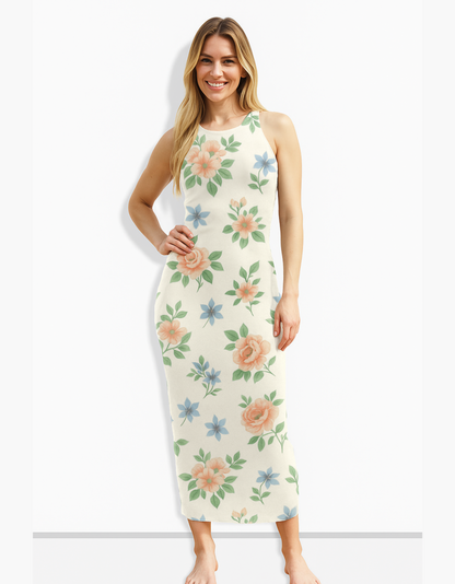 Women's All Over Print Floral Bodycon Dress – 220 GSM Poly Spandex, Side Slit, Skin Fit, Stretchable & Fade-Proof
