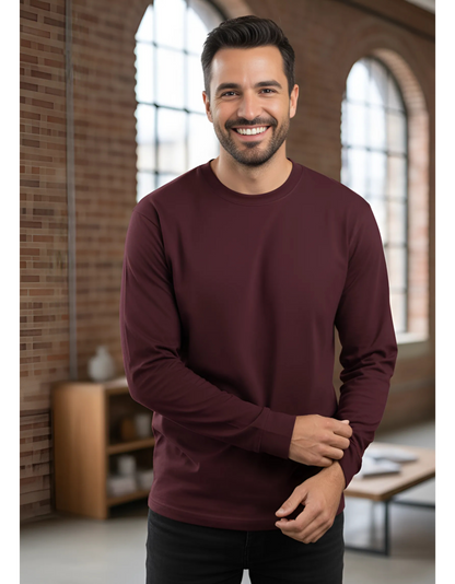 Men's Full Sleeve Plain Maroon T-Shirt | 100% Super Combed Cotton | Bio Washed & Pre-Shrunk
