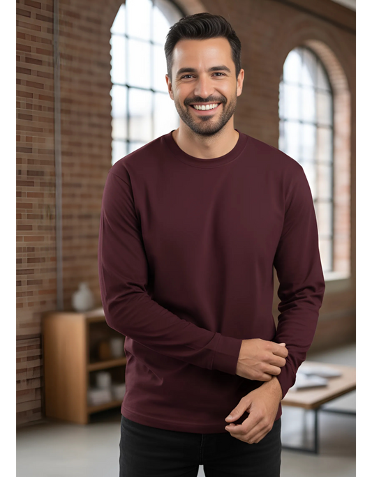 Men's Full Sleeve Plain Maroon T-Shirt | 100% Super Combed Cotton | Bio Washed & Pre-Shrunk